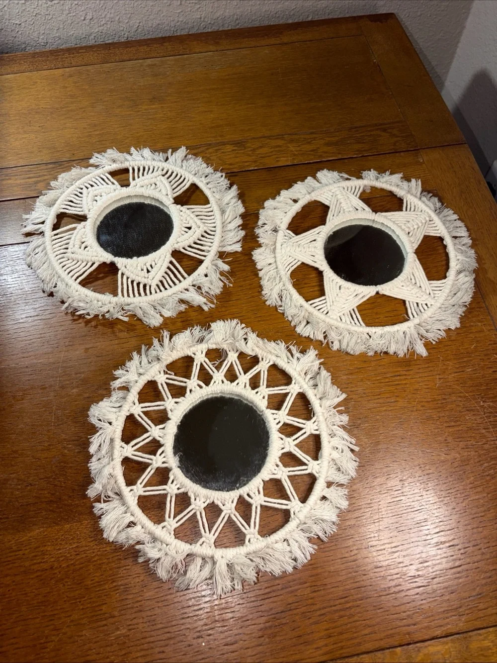 SET OF 3 HANDMADE BOHO OFF WHITE CROCHET/MACRAME MIRROR WALL HANGINGS